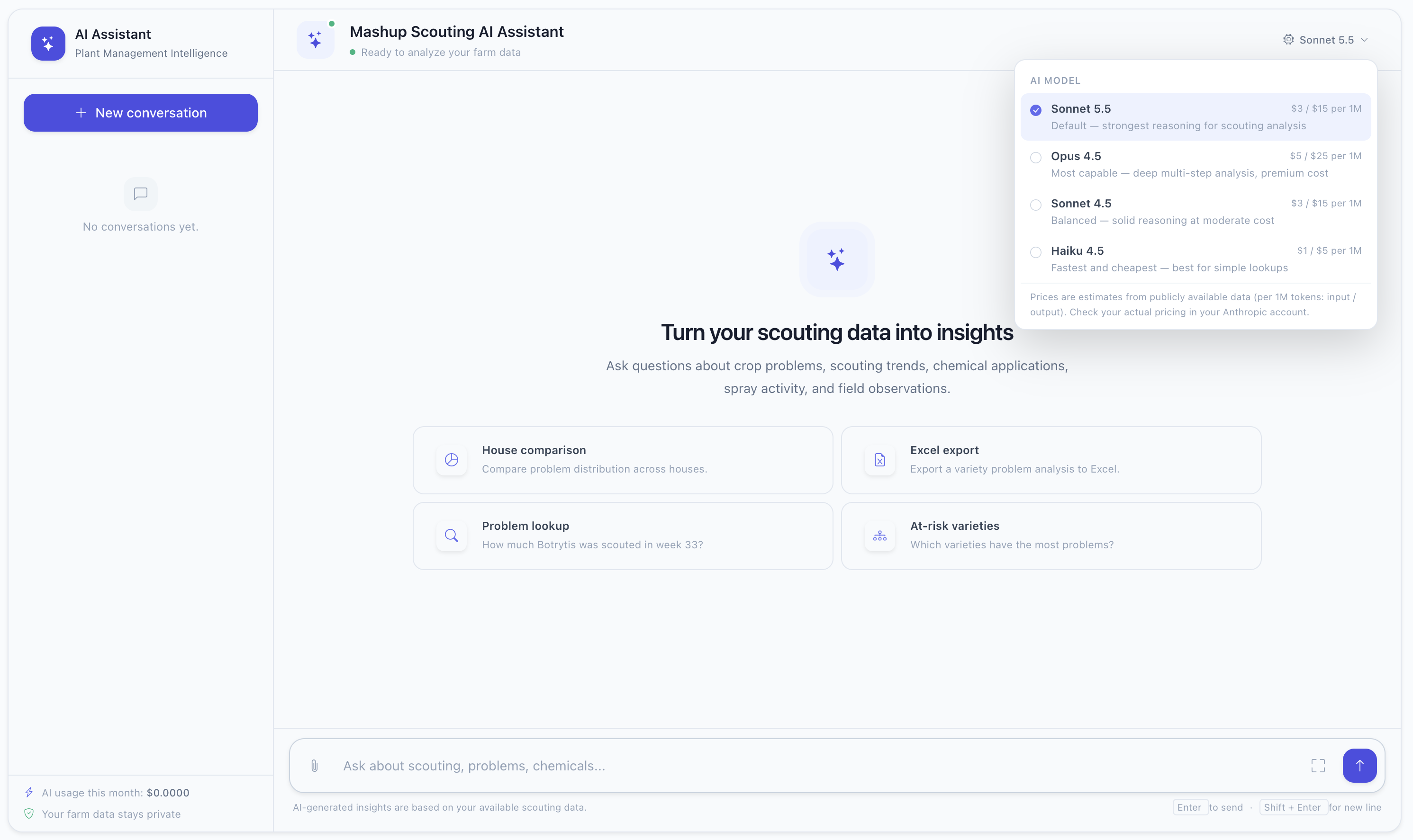 Mashup Scouting AI assistant showing plant management intelligence insights