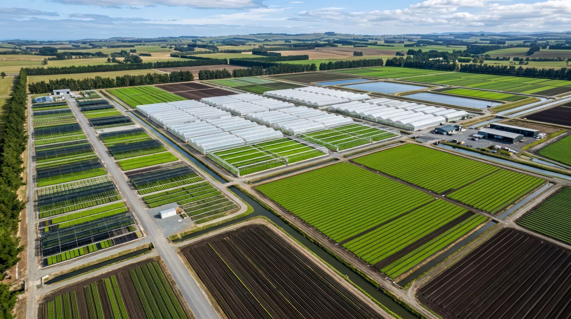 Aerial view of a large-scale farm with greenhouses and crop fields