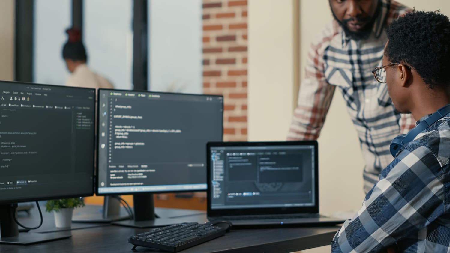 A team discussing a project in an office